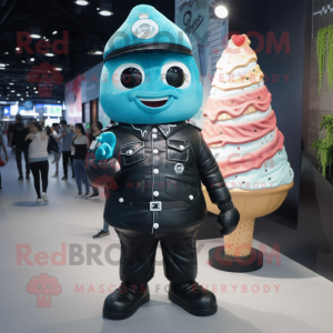 Cyan Ice Cream Cone mascot costume character dressed with a Leather Jacket and Berets