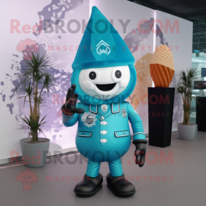 Cyan Ice Cream Cone mascot costume character dressed with a Leather Jacket and Berets