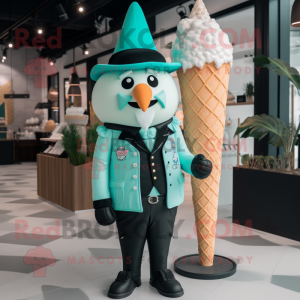 Cyan Ice Cream Cone mascot costume character dressed with a Leather Jacket and Berets