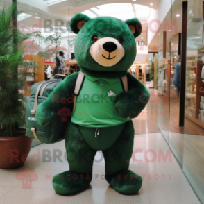 Forest Green Bear mascot costume character dressed with a Tank Top and Messenger bags