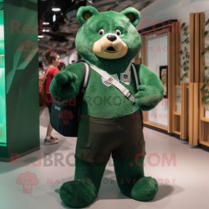 Forest Green Bear mascot costume character dressed with a Tank Top and Messenger bags