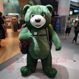 Forest Green Bear mascot costume character dressed with a Tank Top and Messenger bags