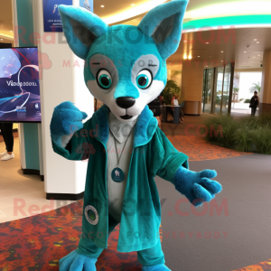 Teal Dingo mascot costume character dressed with a Cover-up and Hairpins