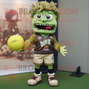 Olive Zombie mascot costume character dressed with a Rugby Shirt and Pocket squares