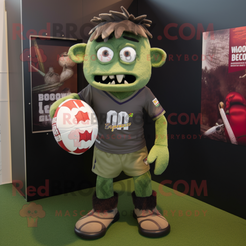 Olive Zombie mascot costume character dressed with a Rugby Shirt and Pocket squares