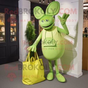 Lime Green Lobster Bisque mascot costume character dressed with a Cocktail Dress and Tote bags