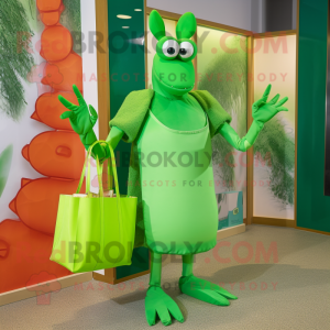 Lime Green Lobster Bisque mascot costume character dressed with a Cocktail Dress and Tote bags