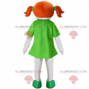 Mascotte de fillette rousse, costume d'enfant avec des couettes