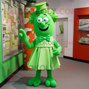 Green Goulash mascot costume character dressed with a A-Line Dress and Bow ties