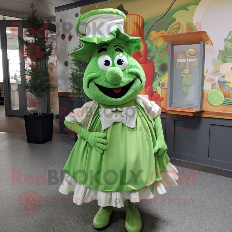 Green Goulash mascot costume character dressed with a A-Line Dress and Bow ties