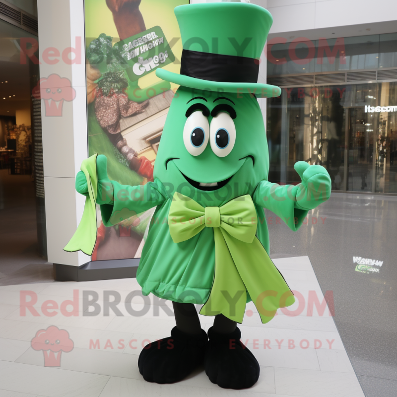 Green Goulash mascot costume character dressed with a A-Line Dress and Bow ties