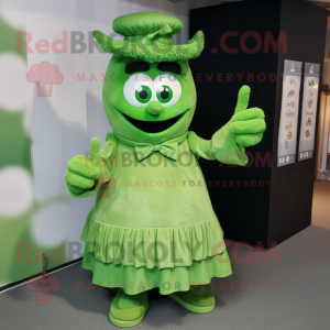 Green Goulash mascot costume character dressed with a A-Line Dress and Bow ties