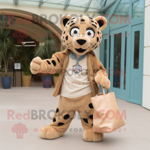 Tan Jaguar mascot costume character dressed with a Dungarees and Tote bags