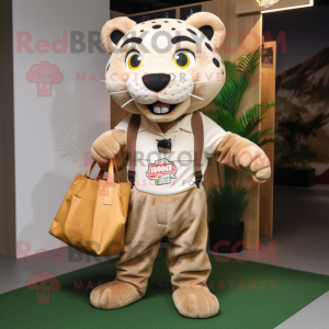 Tan Jaguar mascot costume character dressed with a Dungarees and Tote bags