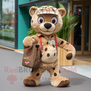 Tan Jaguar mascot costume character dressed with a Dungarees and Tote bags