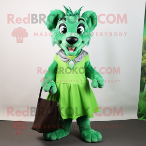 Green Hyena mascot costume character dressed with a A-Line Skirt and Clutch bags