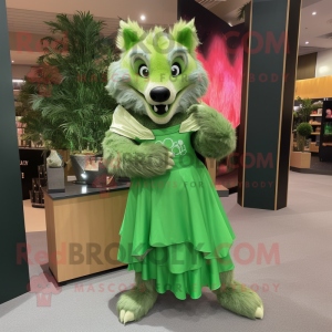 Green Hyena mascot costume character dressed with a A-Line Skirt and Clutch bags