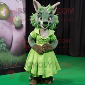 Green Hyena mascot costume character dressed with a A-Line Skirt and Clutch bags