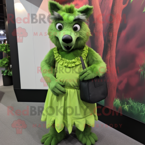 Green Hyena mascot costume character dressed with a A-Line Skirt and Clutch bags