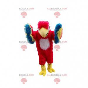 Mascotte de perroquet rouge, jaune, bleu et blanc -