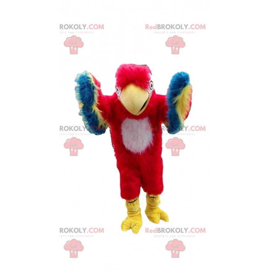 Mascote papagaio vermelho, amarelo, azul e branco -