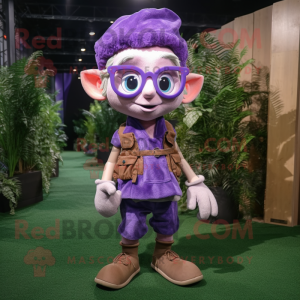 Lavender Elf mascot costume character dressed with a Cargo Shorts and Eyeglasses