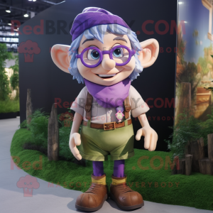 Lavender Elf mascot costume character dressed with a Cargo Shorts and Eyeglasses