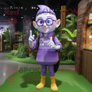 Lavender Elf mascot costume character dressed with a Cargo Shorts and Eyeglasses