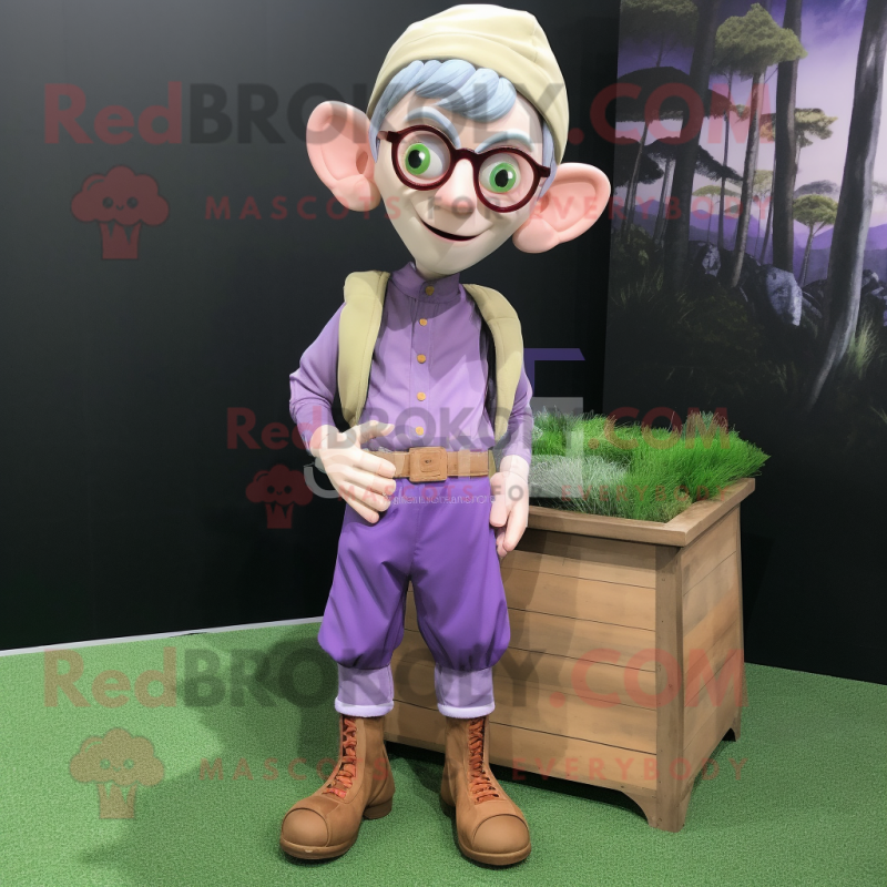 Lavender Elf mascot costume character dressed with a Cargo Shorts and Eyeglasses