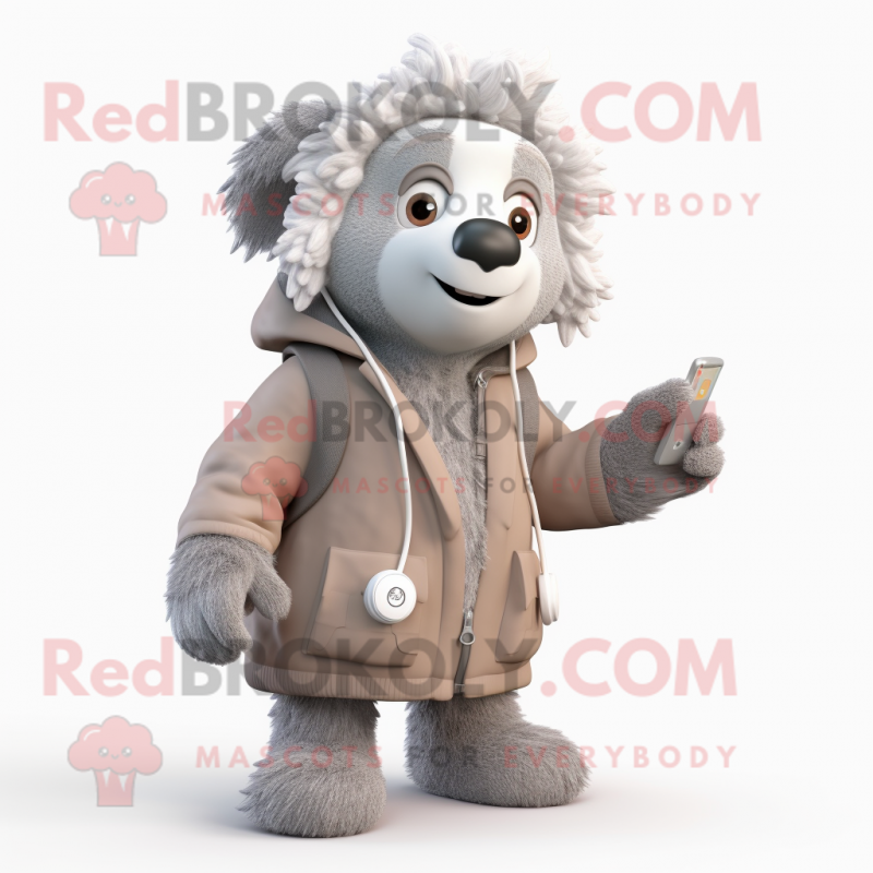 Gray Phone mascot costume character dressed with a Parka and Scarves Gray Phone mascot costume character dressed with a Parka and Scarves