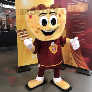 Maroon Grilled Cheese Sandwich mascot costume character dressed with a Henley Shirt and Keychains