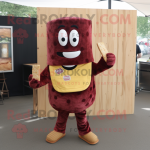 Maroon Grilled Cheese Sandwich mascot costume character dressed with a Henley Shirt and Keychains