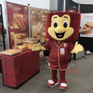 Maroon Grilled Cheese Sandwich mascot costume character dressed with a Henley Shirt and Keychains