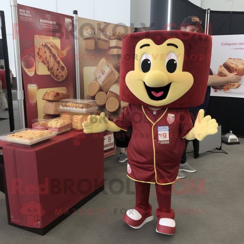 Maroon Grilled Cheese Sandwich mascot costume character dressed with a Henley Shirt and Keychains Maroon Grilled Cheese Sandwich mascot costume character dressed with a Henley Shirt and Keychains