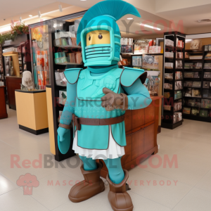Turquoise Roman Soldier mascot costume character dressed with a Henley Shirt and Shoe clips