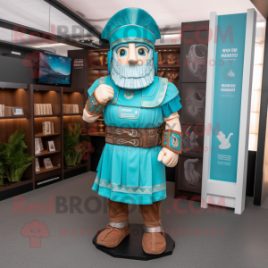 Turquoise Roman Soldier mascot costume character dressed with a Henley Shirt and Shoe clips