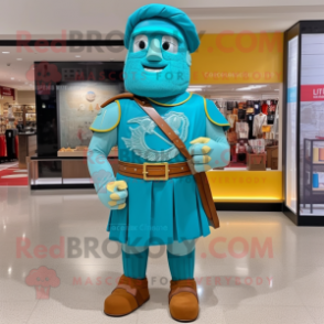 Turquoise Roman Soldier mascot costume character dressed with a Henley Shirt and Shoe clips