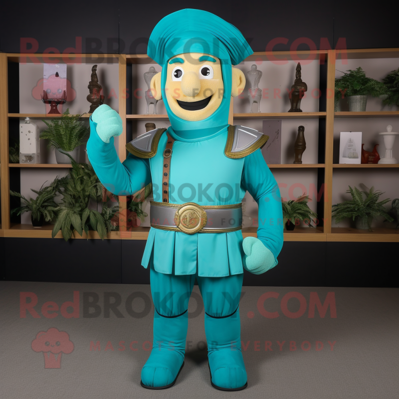 Turquoise Roman Soldier mascot costume character dressed with a Henley Shirt and Shoe clips