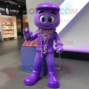 Purple Candy Box mascot costume character dressed with a Jumpsuit and Necklaces