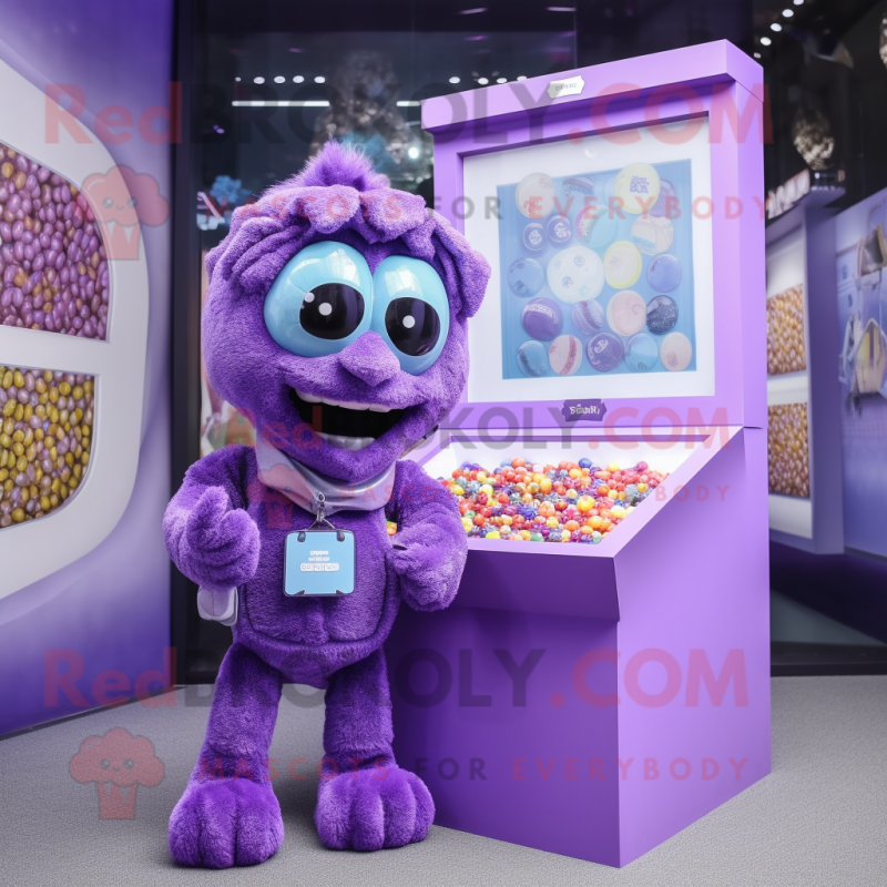 Purple Candy Box mascot costume character dressed with a Jumpsuit and Necklaces Purple Candy Box mascot costume character dressed with a Jumpsuit and Necklaces