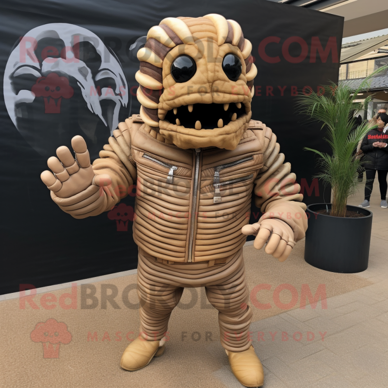 Cream Trilobite mascot costume character dressed with a Leather Jacket and Bracelets Cream Trilobite mascot costume character dressed with a Leather Jacket and Bracelets