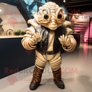Cream Trilobite mascot costume character dressed with a Leather Jacket and Bracelets