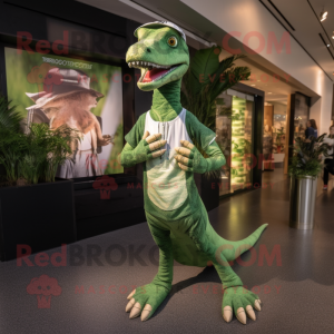 Green Coelophysis mascot costume character dressed with a Joggers and Clutch bags