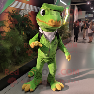 Green Coelophysis mascot costume character dressed with a Joggers and Clutch bags