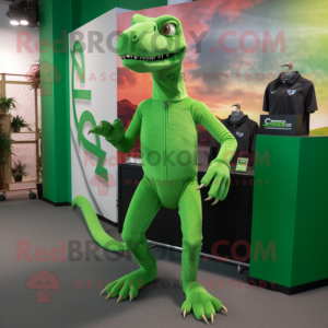 Green Coelophysis mascot costume character dressed with a Joggers and Clutch bags