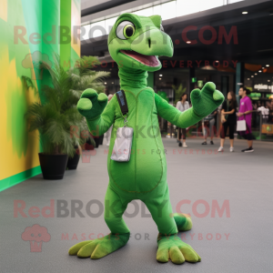 Green Coelophysis mascot costume character dressed with a Joggers and Clutch bags