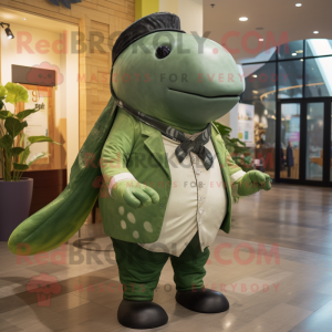 Olive Humpback Whale mascot costume character dressed with a Romper and Ties