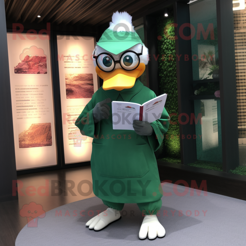 Green Muscovy Duck mascot costume character dressed with a Yoga Pants and Reading glasses