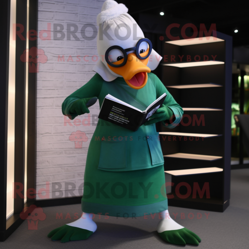 Green Muscovy Duck mascot costume character dressed with a Yoga Pants and Reading glasses