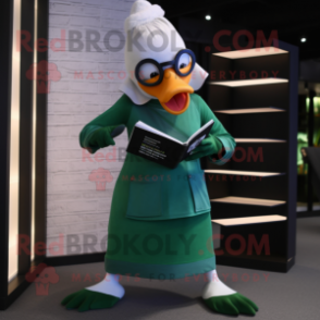 Green Muscovy Duck mascot costume character dressed with a Yoga Pants and Reading glasses